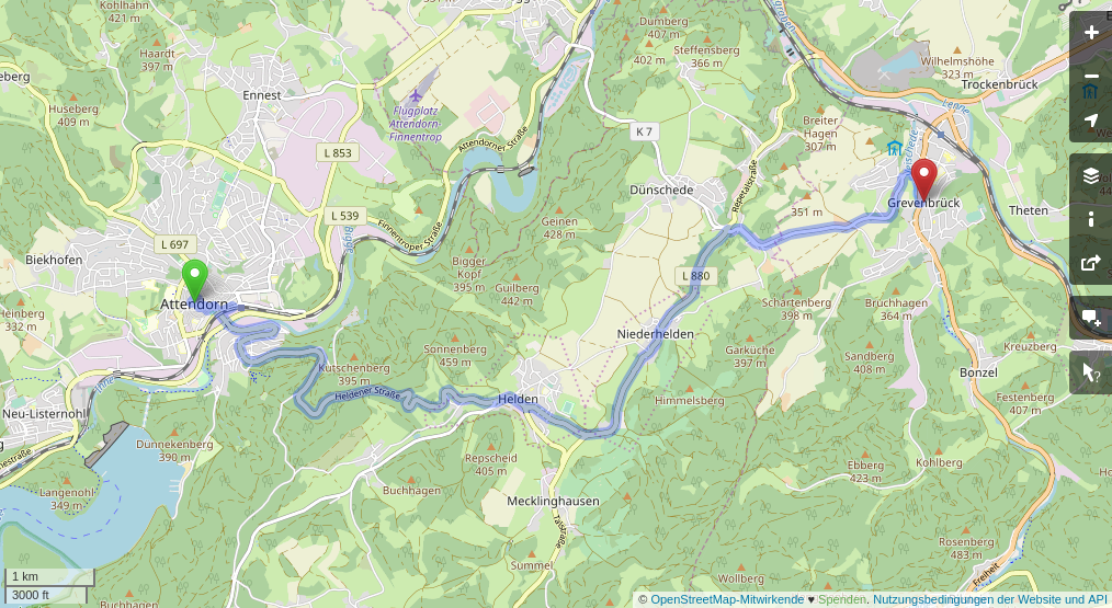Landkarten-Ausschnitt (OSM) mit Route Attendorn – Grevenbrück